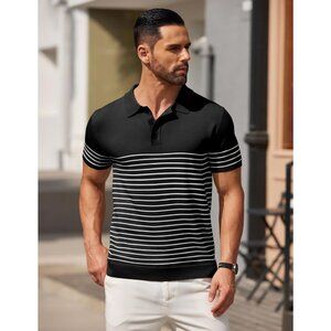 Men's Black Polo Shirt Short Sleeve Striped Casual Knit Golf Top Tee